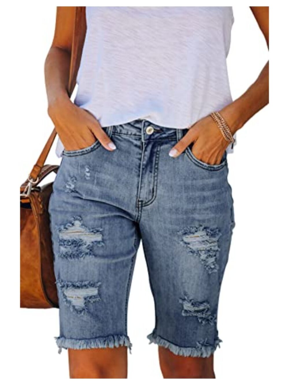Mid Rise Ripped Bermuda Denim Shorts Frayed Raw Hem Stretch Jean